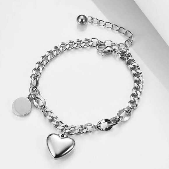 316L Stainless Steel Silver Cuban Chain Heart Charm Bracelet Hypoallergenic NWT - Picture 5 of 5